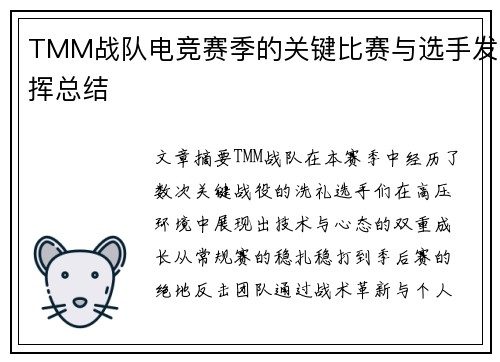 TMM战队电竞赛季的关键比赛与选手发挥总结