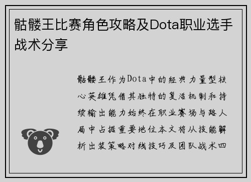 骷髅王比赛角色攻略及Dota职业选手战术分享