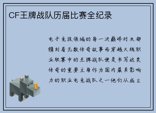 CF王牌战队历届比赛全纪录